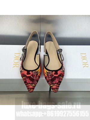 Dior J'Adior Slingback Flat Pink Multicolor Embroidered Cotton with Toile de Jouy Voyage Motif