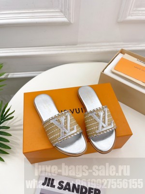 Louis Vuitton Starboard Flat Slide Sandal in LV Raffia and Leather 2023 Silver
