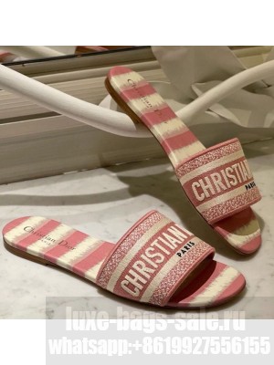 Dior Dway Flat Slide Sandals in Pink D-Stripes Embroidered Cotton Spring/Summer 2021 Collection 42