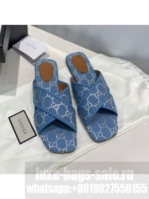 Gucci Silver Lamé Canvas Cross Slide Sandals Light Blue 2021 Collection