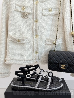Chanel Suede CC with Rhinestones Thong Sandals Black 2025 