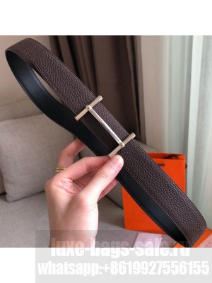 Hermes H D'Ancre Reversible Leather Buckle Belt 32mm Coffee/Silver 2019 Collection