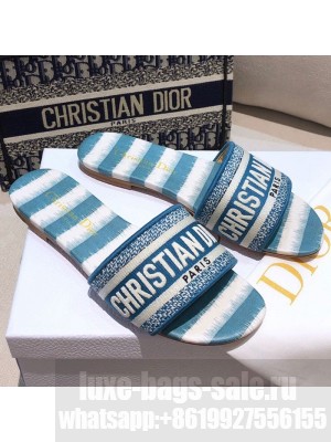 Dior Dway Flat Slide Sandals in Ocean Blue D-Stripes Embroidered Cotton Spring/Summer 2021 Collection 41