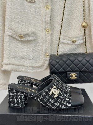 Chanel Tweed & Calfskin Heel Slide Mule Black 2024