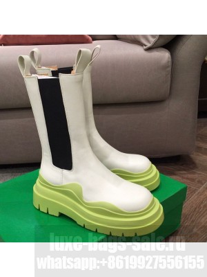Bottega Veneta Tire Calfskin Mid-Calf Chelsea Boots White/Kiwi Green  2021 Collection
