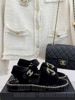 Chanel flat double C with chain sandals black velvet 2025