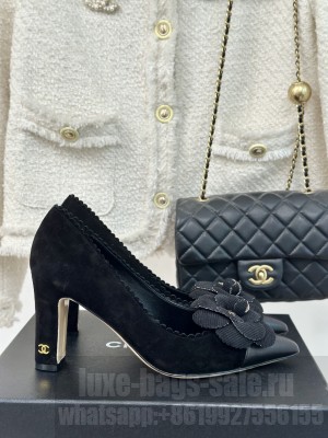 Chanel Women's 8cm Heel Camellia Suede & Leather Pumps Black 2024