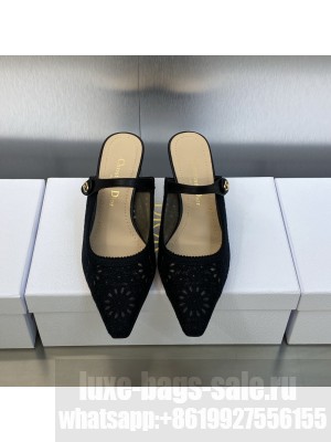 Dior Capture Heeled Mules 6.5cm in Transparent Mesh Embroidered with Black Saint-Gall Motif 2023