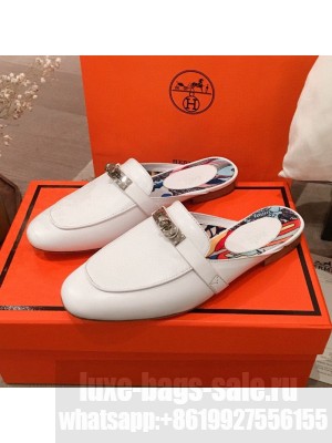 Hermes Classic Kelly Calfskin Flat Mules White 2020 Collection