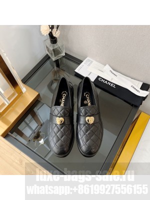 Chanel Quilted Lambskin Loafers with Love Charm G39697 Black