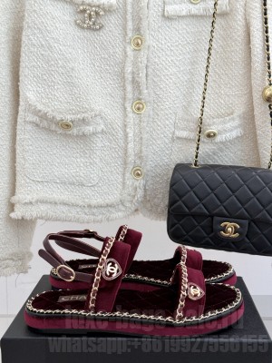 Chanel flat double C with chain sandals burgundy velvet 2025