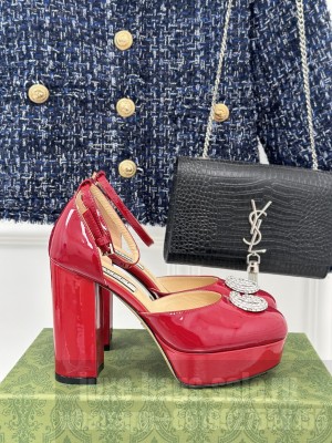 Gucci Metallic Leather Platform Pumps 11.5cm with Crystals Double G Red