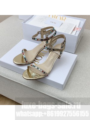 DIOR HEEL 6.5CM GEM SANDALS IN COTTON EMBROIDERED WITH THREAD AND MULTICOLOR SQUARE METALLIC GOLD 2022 COLLECTION