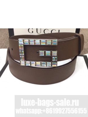 Gucci Width 3.5cm Leather Belt Brown with Crystals Square G Buckle
