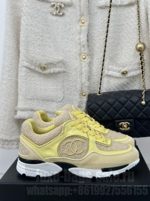 Chanel Wool Tweed, Calfskin & Suede Sneakers Navy Yellow G39066 Sneakers 2024 