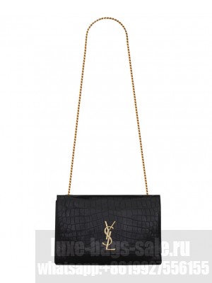 Saint Laurent Reversible Kate Medium In Crocodile-Embossed Leather Black
