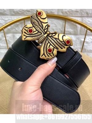 Gucci Width 4cm Leather Belt Black with Butterfly Buckle