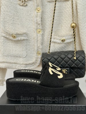 Chanel Black Tweed Platform Slide Mule 