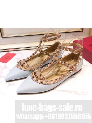 Valentino Rockstud Caged Ankle Strap Ballet Flats Ballerinas in Patent Leather Light Blue