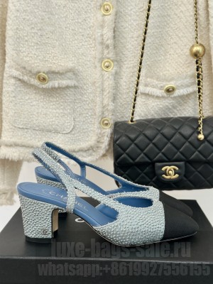 Chanel Strass & Grosgrain Slingback Pumps 9.5cm Light Blue 2024 