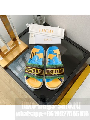 Dior Dway Flat Slide Sandals in Beige Multicolor D-Flower Pop Cotton Embroidery 2022 Collection