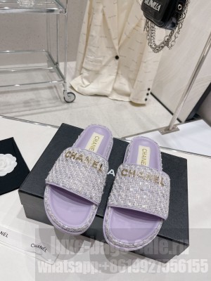 Chanel Tweed Flat Slide Sandals 2023SS Pink