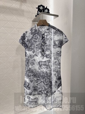 Christian Dior Dioriviera Long Blouse with Cap Sleeves White and Navy Blue Toile de Jouy Sauvage Cotton Muslin