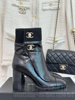 Chanel 8cm leather & Knitted Ankle Boot Black