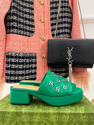 Gucci Leather Heel Platform Slide Sandals 5cm Interlocking G Studs 2023 Green