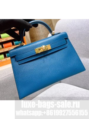 Hermes Mini Kelly II Bag in Original Chevre Leather Denim Blue