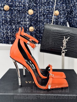 Versace Pin-Point Buckle High Heel Sandals 10.5cm in Patent Leather Orange
