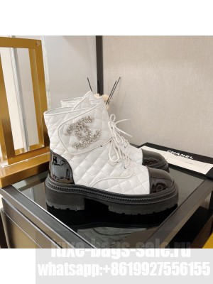 Chanel Lambskin Leather Lace-ups Ankle Boots White