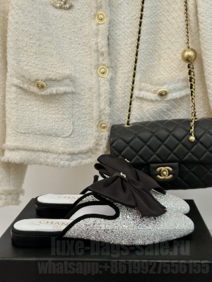 Chanel Sequins Flat Mules with Maxi Bow White 2024