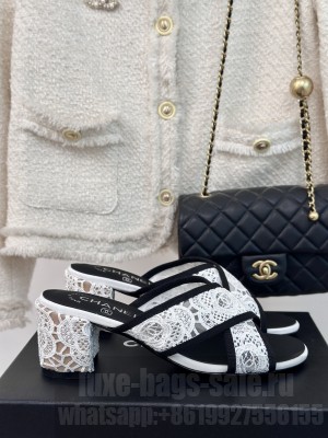 Chanel 6.5cm Mesh Lace Camellia Cross Slide White