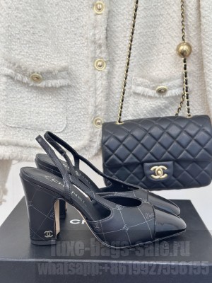 Chanel Slingback 9cm Printed Lambskin & Patent Calfskin Black 2025