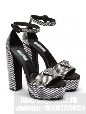 Prada Women's Satin Platform Sandals With Crystals 1XP53B Black