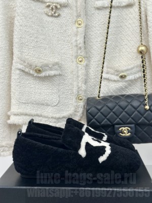 Chanel Women's CC Logo Shearling Fur Moccasins Loafer Black 2024