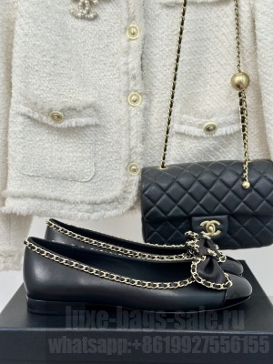 Chanel Women's Chain Around And Bow Lambskin Leather Flat Black