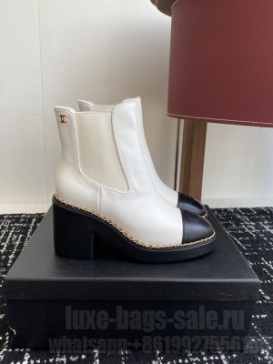 Chanel Calfskin Heel Platform with Chain White Ankle Boots