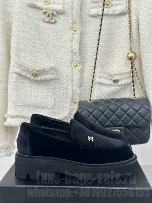 Chanel Women's Platform Velvet Moccasins Loafer Black 2024