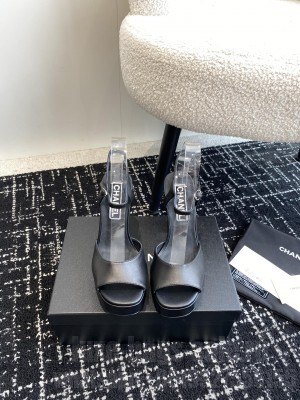 Chanel Platform 4cm Heel 12cm Calfskin Sandals Black