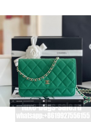 Chanel Grained Calfskin Classic Wallet on Chain WOC Green/Light Gold 2024 Top Quality