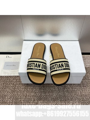Christian Dior Dioriviera Dway Slide Natural Raffia and Black Embroidered Cotton