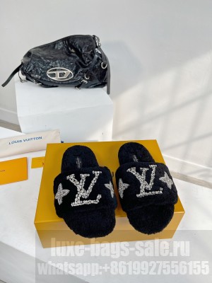 Louis Vuitton Shearling Flat Slide Sandals with Crystals Black 2023