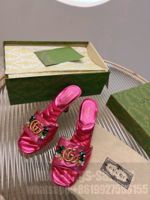 Gucci Calfskin Heel Slide Sandals with Crystal Charm 7.5cm Green 2023