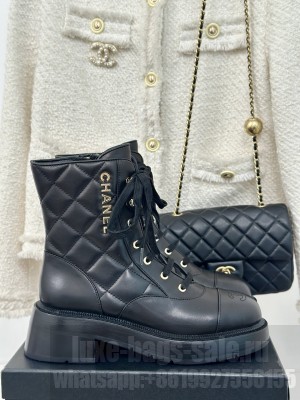 Chanel Women's 5cm Quilted Calfskin Lace-up Boots Black