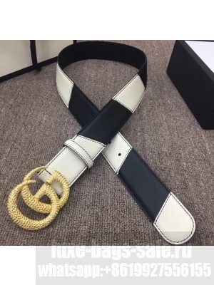 Gucci Width 4cm Diagonal Leather Belt Black/White with Textured Double G Buckle
