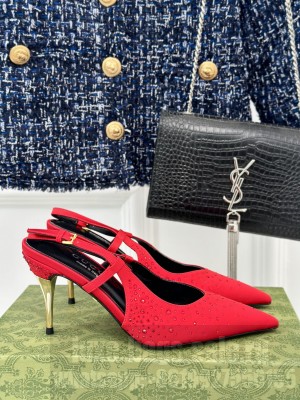 Gucci Satin Slingback Pumps 8.5cm with Crystals Red
