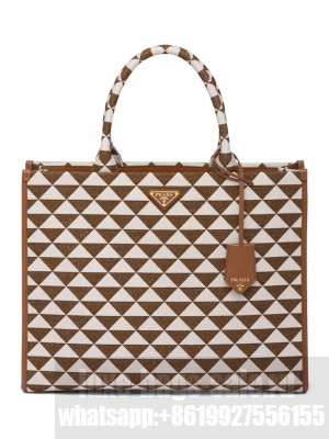 Prada Large Prada Symbole Jacquard Fabric Handbag Coffee