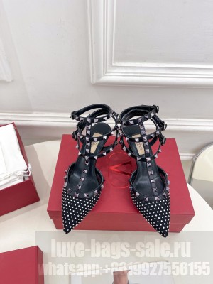 Valentino Garavani Rockstud leather and satin-trimmed crystal-embellished 65mm Sandals Black 